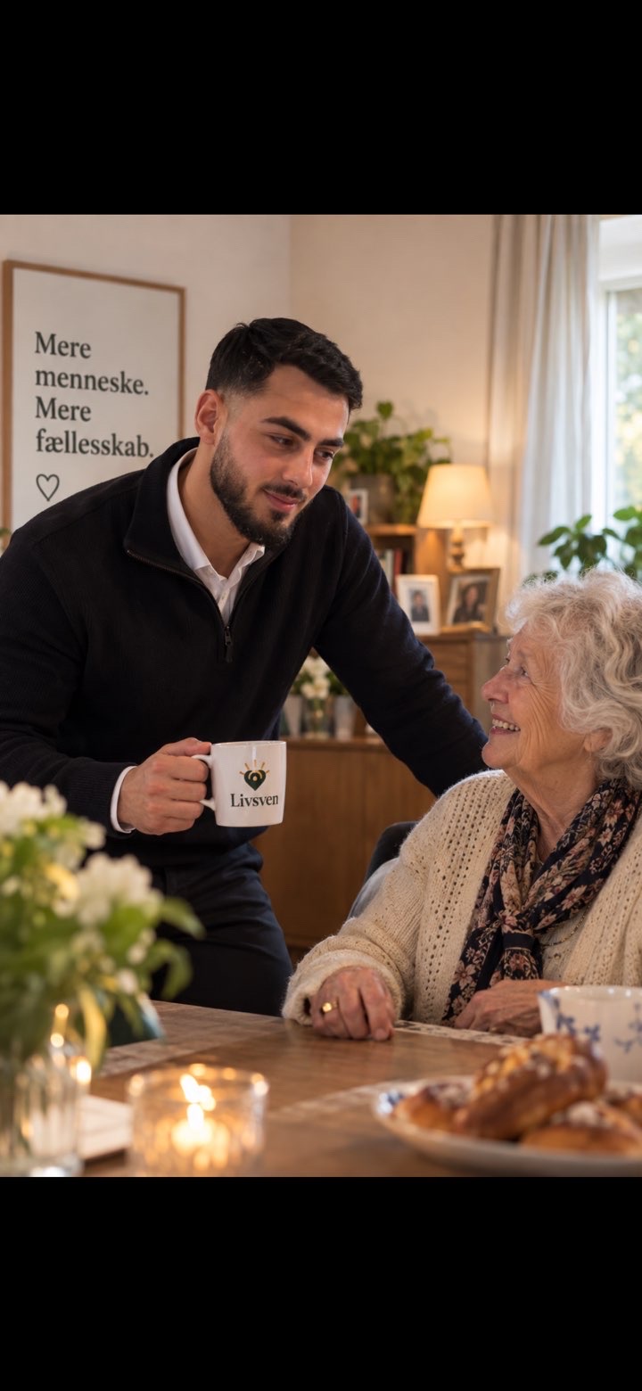 Youssef, stifter af Livsven, drikker kaffe med en ældre kvinde — ægte nærvær og fællesskab